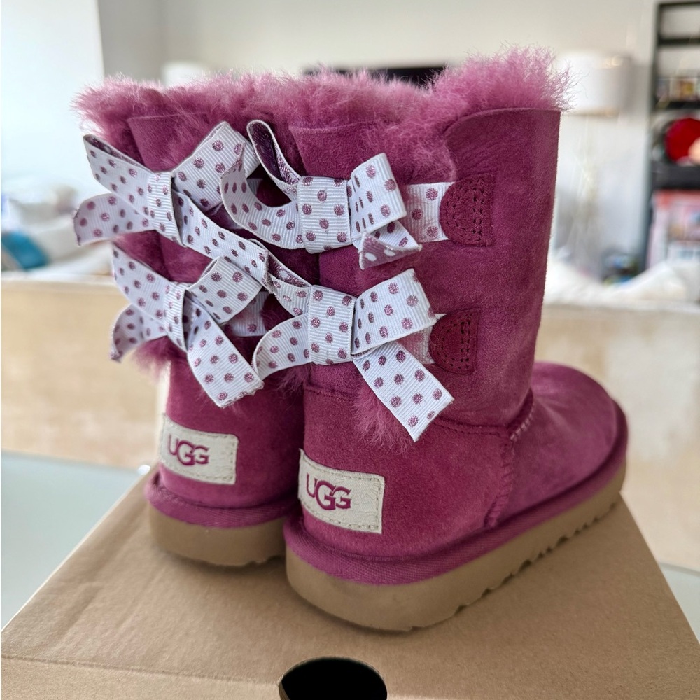UGG Pink Suede Boots with Polka Dot Bows. Toddler size 11. New with box